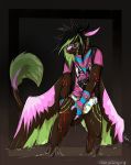  2018 angel_dragon anthro bandanna biped blood clothing crying diaper dragon eyewear feathers fur glasses gore hair horn male multicolored_feathers multicolored_fur multicolored_hair shirt signature simple_background solo source_request standing tears twixxel_minty unknown_artist unknown_artist_signature wings wounded 