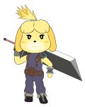  angry animal_crossing anthro canine cloud_strife cosplay female final_fantasy fur hair hair_ornament holding_object holding_weapon isabelle_(animal_crossing) mammal melee_weapon nintendo simple_background spiky_hair square_enix super_smash_bros sword video_games weapon white_background windowssa 
