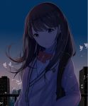  backpack bag bangs blue_sky blush bow brown_hair building cardigan collared_shirt commentary_request earbuds earphones head_tilt highres long_hair night night_sky outdoors parted_lips purple_eyes railing re:rin red_bow shirt sky skyscraper solo ssss.gridman takarada_rikka upper_body white_cardigan white_shirt 