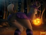  2018 absurd_res animal_genitalia anthro anus arcsuh balls big_butt butt cervine clothed clothing detailed_background digital_media_(artwork) dress food fruit fur halloween hi_res holidays legwear looking_at_viewer looking_back male mammal outside painted painted_background pumpkin rear_view smile solo standing thick_thighs thigh_highs 