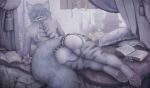  2018 absurd_res anthro ara_(kin) bed big_butt big_tail blue_fur blue_hair book building butt canine cat clothing collar curtains feline female flower fur grey_fur hair hi_res hindpaw hybrid kin~ lace lying mammal multicolored_fur multicolored_hair nude on_bed on_front panties pawpads paws pillow plant presenting raventenebris relaxing solo story story_in_description striped_fur stripes tassels two_tone_fur two_tone_hair underwear wide_hips wolf 