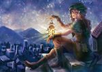  boots brown_footwear cityscape fingerless_gloves full_body gloves hat_ornament hill holding_lantern knee_boots lantern long_hair looking_at_viewer night night_sky original pouch purple_eyes sitting sky stairs turban usuda_hiro 