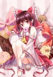  absurdres ankle_cuffs ascot ass barefoot blush brown_hair detached_sleeves doughnut eyebrows_visible_through_hair food food_in_mouth food_on_face frilled_ribbon frills full_body hair_ornament hair_ribbon hair_tubes hakurei_reimu highres japanese_clothes knees_up kure~pu leg_garter legs_together long_sleeves looking_at_viewer nontraditional_miko red_eyes ribbon ribbon-trimmed_sleeves ribbon_trim see-through see-through_sleeves shirt short_hair sitting skirt skirt_set solo striped striped_background sweets touhou vertical-striped_background vertical_stripes vest wide_sleeves wrist_cuffs yellow_neckwear 