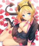  ayase_eli between_breasts black_jacket black_skirt blue_eyes blush breasts cleavage closed_mouth commentary_request demon_tail eyebrows_visible_through_hair fake_horns fang from_above horns jacket legs looking_at_viewer love_live! love_live!_school_idol_project medium_breasts necktie necktie_between_breasts petals pink_neckwear plaid plaid_skirt ponytail sakasa_(guranyto) short_hair simple_background skirt solo tail white_background 