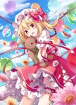  :d balloon bangs blonde_hair blue_sky blurry bow cloud cloudy_sky commentary_request cowboy_shot cross-laced_clothes crystal daisy day depth_of_field eyebrows_visible_through_hair flandre_scarlet flower frilled_skirt frilled_sleeves frills green_ribbon hair_between_eyes hat hat_bow holding holding_stuffed_animal kure~pu leg_garter looking_at_viewer mob_cap one_side_up open_mouth outdoors petals petticoat pink_flower puffy_short_sleeves puffy_sleeves red_bow red_eyes red_ribbon red_skirt red_vest ribbon shirt short_hair short_sleeves skirt sky smile solo stuffed_animal stuffed_toy teddy_bear touhou vest white_flower white_shirt wings yellow_flower 