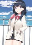  :o black_hair blue_sky blush bow bowtie cloud day drink drinking_straw eyebrows_visible_through_hair hand_in_pocket highres long_hair looking_at_viewer open_mouth outdoors purple_eyes red_neckwear shirt sky solo ssss.gridman standing takarada_rikka thighs white_cardigan white_shirt yukarite 