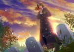  arm_behind_back belt black_footwear brown_hair cloud commentary_request dated dutch_angle emblem full_body graveyard long_hair male_focus outdoors revo signature solo sound_horizon standing sunglasses tombstone tree trench_coat twilight twitter_username usuda_hiro 