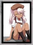  :q ass bad_id bad_twitter_id bangs beret black_skirt blush brown_footwear chloe_von_einzbern commentary_request dark_skin eyelashes fate/kaleid_liner_prisma_illya fate_(series) hair_between_eyes hat highres homurahara_academy_uniform kneehighs knees_up licking_lips long_hair looking_at_viewer one_side_up panties pink_hair pleated_skirt purple_panties school_uniform shimejinameko shirt short_sleeves simple_background sitting skirt smile solo swept_bangs thighs tongue tongue_out underwear white_background white_shirt yellow_eyes 