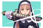  black_dress blonde_hair blue_background blush chestnut_mouth commentary_request dress eyebrows_visible_through_hair glint gloves habit highres holding holding_sword holding_weapon karahai_(31448823) long_hair long_sleeves looking_at_viewer minecraft nijisanji nun open_mouth outstretched_arm round_teeth simple_background sister_cleaire sword teeth upper_body upper_teeth v-shaped_eyebrows weapon white_gloves yellow_eyes 