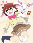  2013 3_fingers blush bow brown_eyes brown_hair button_(disambiguation) cherry clothing floppy_ears food fruit fur hair jewelpet jewelpets jewelry kneeling lagomorph mammal necklace outline paws phone pink_nose rabbit ruby_(jewelpet) skirt snout spiral_eyes star surprise transformation white_fur さみー 