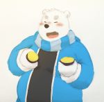  2018 anthro bear belly black_nose blush clothing eyes_closed fur hoodie male mammal maron2475 overweight overweight_male polar_bear scarf shirane_kan simple_background solo utau white_background white_fur 