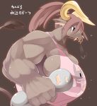  1girl brown_hair bull furry letsuo muscle muscular_female open_mouth ponytail red_eyes solo 