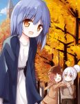  &gt;_&lt; :d autumn autumn_leaves backpack bag bangs belt black_belt blue_hair blue_jacket blue_sky blush brown_eyes brown_hair brown_jacket brown_pants brown_skirt brown_sweater cloud collarbone commentary day dress eyebrows_visible_through_hair hair_between_eyes hair_bun hood hood_down hooded_jacket jacket long_sleeves multiple_girls open_clothes open_jacket open_mouth original outdoors pants parted_lips pleated_skirt silver_hair skirt sky sleeves_past_wrists smile standing sweater tower tree white_dress xd yuuhagi_(amaretto-no-natsu) 