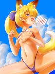  1girl after_fellatio animal_ears bikini blonde_hair breasts cameltoe cum day fox_ears fox_tail hinokara_(backfire02) micro_bikini nipples open_mouth original outdoors paw_pose penis small_breasts solo_focus spread_legs squatting swimsuit tail tongue tongue_out 