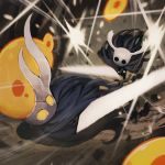  cape fighting highres hollow_knight jun_(seojh1029) mask no_humans sword weapon 