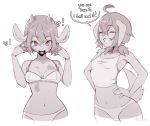  ! &lt;3 2018 anthro bovine bra breasts canine cattle clothed clothing coffeechicken cute_fangs dog duo english_text eyes_closed female hair hands_on_hips happy horn kess_(coffeechicken) mammal markings midriff navel open_mouth panties purple_eyes restricted_palette shirt short_hair simple_background slim small_breasts small_moo smile speech_bubble tank_top text toothy_grin underwear white_background 