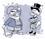  2018 4_fingers abstract_background anthro avian bird bottomless cane clothed clothing corgi_(artist) crossed_arms disney duck ducktales duo eyewear feathers fist_pump flintheart_glomgold glasses greyscale hat kilt male monochrome open_mouth open_smile pince-nez raised_arm scrooge_mcduck smile standing top_hat webbed_feet white_feathers 