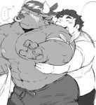  2017 anthro asterios ayame42612 blush bovine cattle clothing duo eyes_closed hug hugging_from_behind human humanoid_hands male mammal moobs nipples overweight overweight_male pants protagonist_(tas) shirt simple_background tokyo_afterschool_summoners white_background 