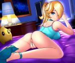  ankle_strap anus aqua_camisole aqua_choker aqua_eyes aqua_footwear ass back bad_anatomy bare_arms bare_shoulders bedroom blonde_hair bottomless breasts camisole character_doll chiko_(mario) choker clitoral_hood clitoris closed_mouth dark_labia earrings fat_mons furrowed_eyebrows hair_over_one_eye high_heels indoors jewelry labia lamp large_breasts long_hair looking_at_viewer lying mario_(series) mismatched_eyebrows nebula night night_sky no_bra on_bed on_stomach ponytail pussy rosetta_(mario) shoe_soles sky smile solo star_(sky) starry_sky strappy_heels super_mario_galaxy twistedscarlett60 uncensored 