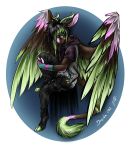  2018 angel_dragon anthro barefoot biped claws clothed clothing diaper digitigrade dragon eyewear feathers fully_clothed fur glasses hair horn looking_at_viewer male multicolored_feathers multicolored_fur multicolored_hair pants pants_down partially_clothed shirt signature simple_background sitting solo source_request toe_claws twixxel_minty unknown_artist unknown_artist_signature vest wings 