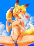  1girl after_fellatio animal_ears bikini blonde_hair breasts cameltoe censored cum day fox_ears fox_tail hinokara_(backfire02) micro_bikini mosaic_censoring nipples open_mouth original outdoors paw_pose penis small_breasts solo_focus spread_legs squatting swimsuit tail tongue tongue_out 