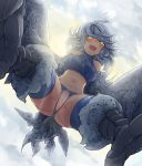  1girl :d ahoge ass backlighting bare_shoulders bird_tail blush breasts cloud crotchless_panties eyebrows_visible_through_hair from_below grey_hair halterneck harpy harpy_(monster_girl_encyclopedia) highres looking_at_viewer looking_down medium_breasts medium_hair midriff monster_girl monster_girl_encyclopedia nanostar navel open_mouth panties pussy smile solo underwear wings yellow_eyes 