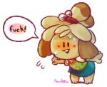  animal_crossing blush canine clothing dirty_talk dog female fur isabelle_(animal_crossing) kinktober looking_at_viewer mammal nintendo panken profanity simple_background skirt solo standing sweat text video_games white_background yellow_fur 