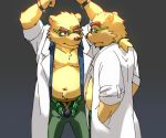  2018 anthro bear belly clothing duo eyewear glasses male mammal moobs navel nipples overweight overweight_male pants polar_bear rave_(tas) simple_background smoking tokyo_afterschool_summoners underwear yazoe 