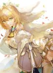  bad_id bad_twitter_id bangs bare_shoulders blonde_hair breasts cleavage commentary_request eyebrows_visible_through_hair fate/extra fate/extra_ccc fate/grand_order fate_(series) green_eyes hair_between_eyes highres large_breasts long_hair looking_at_viewer nero_claudius_(bride)_(fate) nero_claudius_(fate) nero_claudius_(fate)_(all) nishikiya petals smile standing sword weapon 