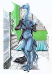  anisodactyl anthro avian bathroom beak bird blue_crane blue_feathers bra breasts cellina clothed clothing crane feathers female kirsch long_neck looking_at_self mirror nails navel panties shirt solo tail_feathers talons underwear undressing yellow_eyes 