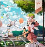  :d bag balloon blue_eyes blue_hair blue_sky blush boots border cloud cloudy_sky dark_blue_hair day duffel_bag flower gen_2_pokemon gen_3_pokemon gen_4_pokemon hat highres hikari_(pokemon) holding kneehighs leaf lighthouse long_hair long_sleeves on_head open_mouth outdoors pachirisu pichu pink_footwear pokemon pokemon_(creature) pokemon_(game) pokemon_dppt pokemon_platinum railing ririmon scarf shaymin sky smile solo spiky-eared_pichu teeth tree twitter_username white_border white_flower white_hat white_legwear white_scarf wingull 