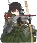  archery arrow bangs blue_ribbon bow_(weapon) brown_hair cowboy_shot flight_deck folded_ponytail gloves green_hakama green_kimono grey_scarf hair_ribbon hakama hayashi_naoharu japanese_clothes kantai_collection kasuga_maru_(kantai_collection) kimono kyuudou long_hair machinery partly_fingerless_gloves remodel_(kantai_collection) ribbon scarf simple_background solo swept_bangs taiyou_(kantai_collection) weapon white_background yellow_eyes yugake 