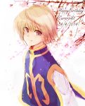  bangs blonde_hair bloom blush branch cherry_blossoms closed_mouth collarbone commentary_request disconnected_mouth earrings gold_trim graphite_(medium) happy_birthday hunter_x_hunter jewelry kurapika long_sleeves looking_at_viewer male_focus red_eyes sketch_eyebrows smile solo tabard traditional_media vest xhinokox 