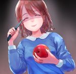  apple black_background blue_shirt braid brown_hair closed_eyes commentary_request facing_viewer food fruit glint holding holding_food holding_fruit holding_knife knife original rony shirt smile solo upper_body 