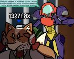  1337f0x armor canine covering_ears dialogue eyes_closed fangs fox fox_mccloud lamp_(smashtasm) male mammal metroid nintendo samus_aran smashtasm star_fox super_smash_bros teddytedbert video_games 