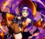 armpits black_footwear boots breasts broom broom_riding brown_legwear candy commentary detached_sleeves fire_emblem fire_emblem:_akatsuki_no_megami fire_emblem:_souen_no_kiseki fire_emblem_heroes food gloves green_eyes halloween hat headband jurge long_hair looking_at_viewer medium_breasts midriff navel_cutout neckerchief open_mouth purple_hair smile solo thighhighs wayu_(fire_emblem) wide_sleeves witch_hat 