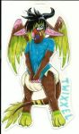  angel_dragon anthro barefoot biped blush claws clothing con_badge diaper digitigrade dragon embarrassed english_text eyebrows eyewear feathers fur glasses hair horn humanoid_hands looking_at_viewer male multicolored_feathers multicolored_fur multicolored_hair pacifier shirt signature solo text toe_claws traditional_media_(artwork) twixxel_minty unknown_artist unknown_artist_signature urine watersports wet_diaper wetting wings 