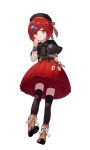  1p_ino alternate_costume black_legwear blush boots brown_eyes card cross-laced_footwear danganronpa dress full_body hair_ornament hairclip hat highres lace-up_boots looking_at_viewer new_danganronpa_v3 red_hair short_hair simple_background thighhighs white_background yumeno_himiko 