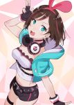  a.i._channel aqua_eyes aqua_jacket belt black_gloves blush breasts brown_hair choker fingerless_gloves gloves hairband headphones heart heart_choker highres jacket kizuna_ai looking_at_viewer medium_breasts multicolored_hair navel open_mouth pink_hairband reeya short_hair short_shorts shorts smile solo strapless streaked_hair thigh_strap virtual_youtuber 