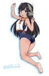  ass barefoot black_hair blue_swimsuit brown_hair dated from_behind full_body headgear i-400_(kantai_collection) kantai_collection long_hair looking_at_viewer looking_back masara_(masalucky2010) one-piece_swimsuit open_mouth orange_sailor_collar sailor_collar sailor_shirt school_swimsuit shirt sleeveless sleeveless_shirt solo swimsuit tan tanline twitter_username upper_teeth white_background 