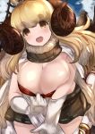  absurdres ahoge anila_(granblue_fantasy) blonde_hair breasts brown_eyes cleavage commentary_request fur_trim gloves granblue_fantasy highres horns huge_breasts long_hair looking_at_viewer maou_(maoudaisukiya) open_mouth sheep_horns skirt smile solo thick_eyebrows thick_thighs thighs very_long_hair white_background 
