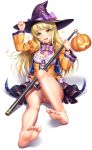  :d bang_dream! bangs barefoot blonde_hair blunt_bangs bow breasts cape choker cleavage eyebrows_visible_through_hair feet full_body halloween hand_on_headwear hat head_tilt jack-o'-lantern juliet_sleeves lambda_(kusowarota) long_hair long_sleeves looking_at_viewer medium_breasts open_mouth print_cape puffy_sleeves purple_bow pussy ribbon_trim simple_background sitting skirt smile soles solo staff star star_print toes tsurumaki_kokoro white_background wide_sleeves witch_hat yellow_eyes 