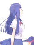  1girl akinbo_(hyouka_fuyou) bangs bird blue_eyes blue_hair blue_skirt blunt_bangs character_request from_side long_hair miniskirt neck_ribbon penguin pleated_skirt red_ribbon ribbon shirt short_sleeves simple_background skirt solo standing very_long_hair white_background white_shirt 