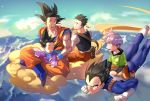  :d ^_^ armor black_eyes black_hair blue_sky boots brothers carrying chinese_clothes clenched_hands closed_eyes cloud cloudy_sky crossed_legs day dougi dragon_ball dragon_ball_z eating evening expressionless eyebrows_visible_through_hair father_and_son floating_hair flying flying_nimbus food full_body gloves green_shirt happy highres lettuce long_sleeves looking_at_another looking_back male_focus mountain multiple_boys open_mouth orange_pants outdoors profile purple_hair red_footwear sandwich shirt shoes short_hair siblings sitting sky smile sneakers son_gohan son_gokuu son_goten spiked_hair sunlight tobu_(bilibil) trunks_(dragon_ball) vegeta waistcoat waving white_gloves white_shirt wristband 