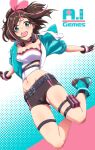  a.i._channel aqua_eyes blush breasts brown_hair choker gloves hairband headphones highres jacket jumping kizuna_ai kobamiso_(kobalt) looking_at_viewer midriff navel open_clothes outstretched_arms short_sleeves shorts smile solo spread_arms thigh_pouch thigh_strap virtual_youtuber 