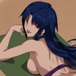  axia-chan bikini_top_removed blue_hair breasts elesia large_breasts long_hair looking_at_viewer lowres red_eyes sideboob solo steepled_fingers tsukihime 