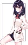  blue_eyes blue_skirt bow bowtie collared_shirt commentary_request cowboy_shot hand_in_pocket highres long_hair long_sleeves looking_at_viewer medium_hair misumi_(macaroni) red_neckwear shirt simple_background skirt solo ssss.gridman takarada_rikka white_background white_coat white_shirt 