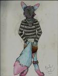  2013 anthro biped canine clothed clothing diaper dubcub feces fox fur hair hoodie leaking_diaper male mammal messy_diaper partially_clothed rear_view sagging_diaper scat signature skreamlol soiling solo standing traditional_media_(artwork) wolf 