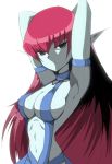  armpits arms_behind_head bangs blue_skin breasts cowboy_shot duel_monster eyebrows_visible_through_hair green_eyes hair_between_eyes halterneck harpie_lady highres kairi69jp large_breasts long_hair looking_at_viewer monster_girl navel pointy_ears red_hair simple_background solo very_long_hair white_background yuu-gi-ou yuu-gi-ou_duel_monsters 