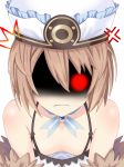  absurdres angry bare_shoulders blanc blush breasts brown_hair cleavage collarbone downblouse dress en-sof frown fur_trim glowing glowing_eye hair_between_eyes hat highres looking_at_viewer medium_hair neptune_(series) no_bra shaded_face simple_background small_breasts solo spaghetti_strap upper_body white_background white_dress 